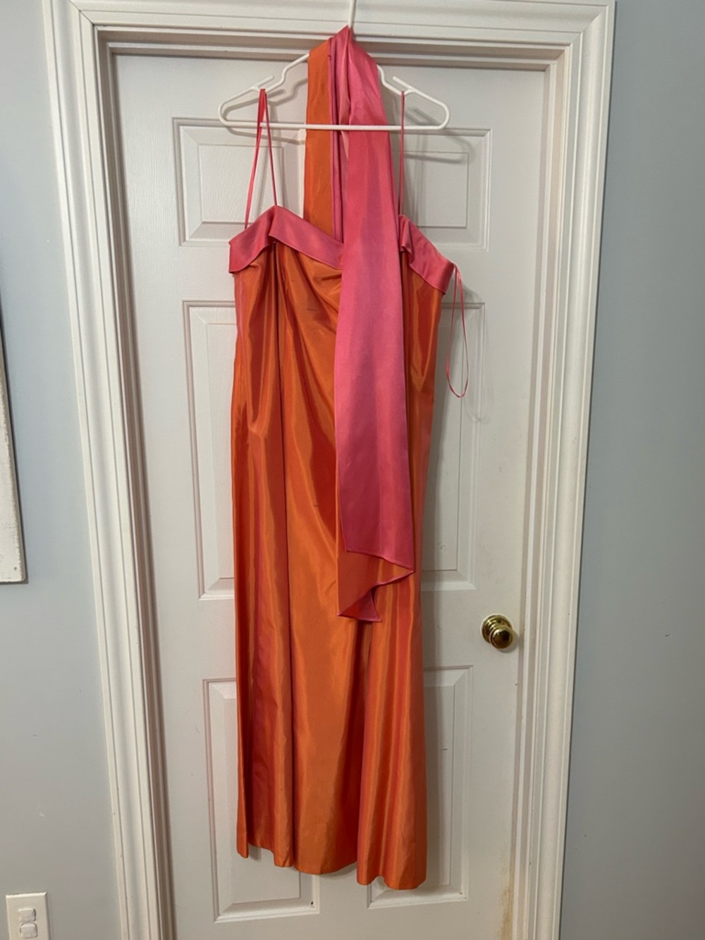 Alex Evenings Coral-Pink Satin Spaghetti Strap Dress with Scarf